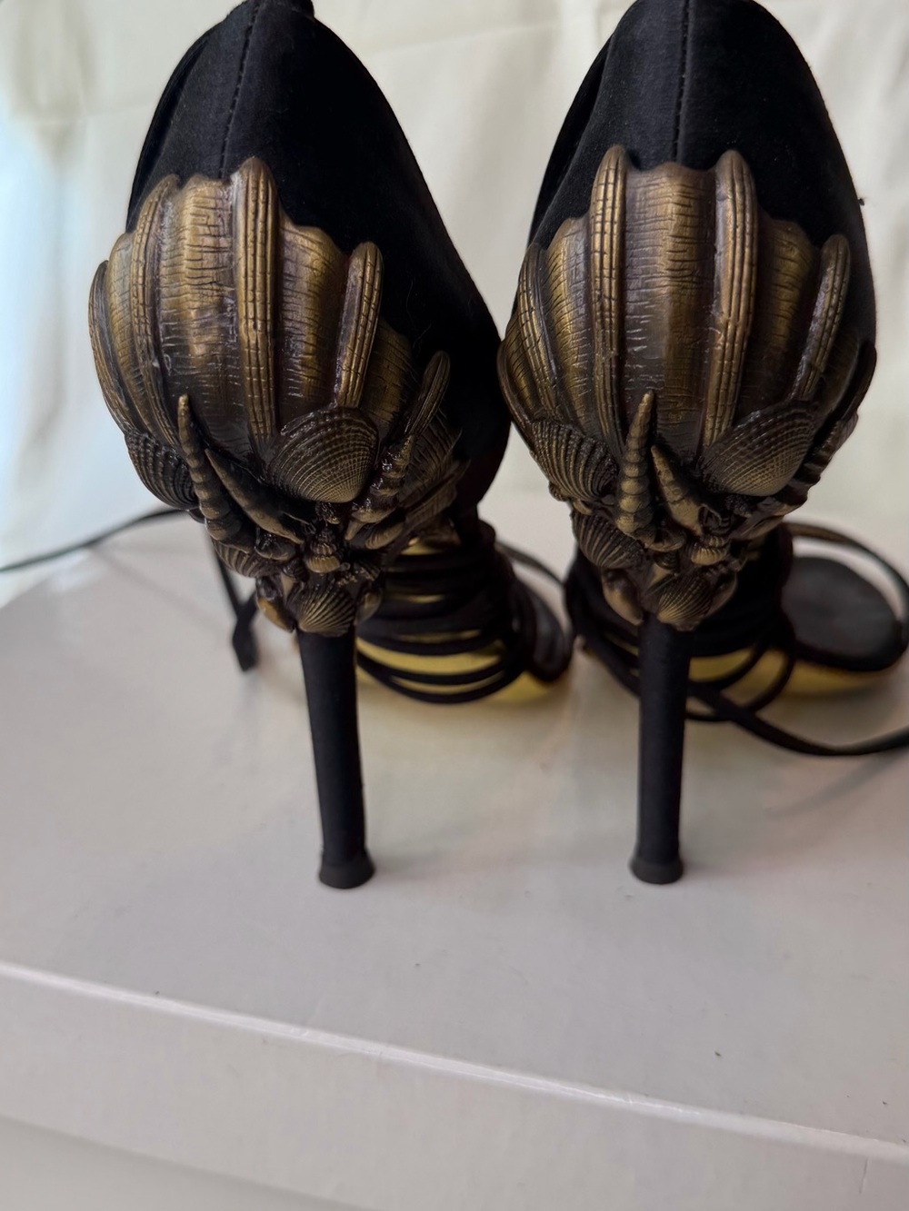 Roberto Cavalli Black Lace-Up Stiletto Heels with Gold Accent